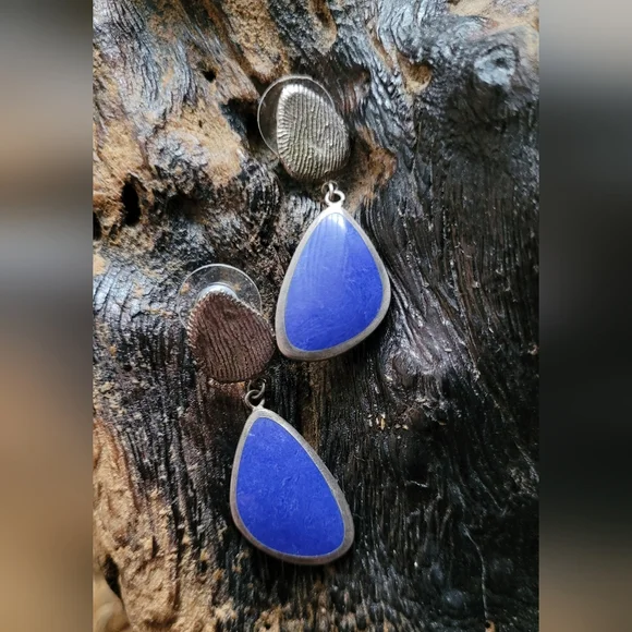 Vintage Sterling Silver and Blue Stone Dangle Earrings - Picture 2 of 5